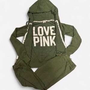 VS PINK Green "LOVE PINK" Hoodie Sweatshirt and Jogger Set